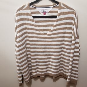 Tommy Hilfiger Tan White Stripped Academia Preppy Sweater Size XLarge